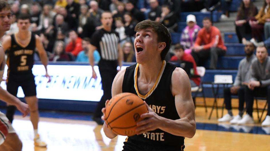 Fort Hays State's Kyle Grill attempts a shot in the first half of an NCAA college basketball game at Newman on Sunday, December 17, 2023 in Wichita, Kan. (FHSU Athletics photo/Ryan Prickett)