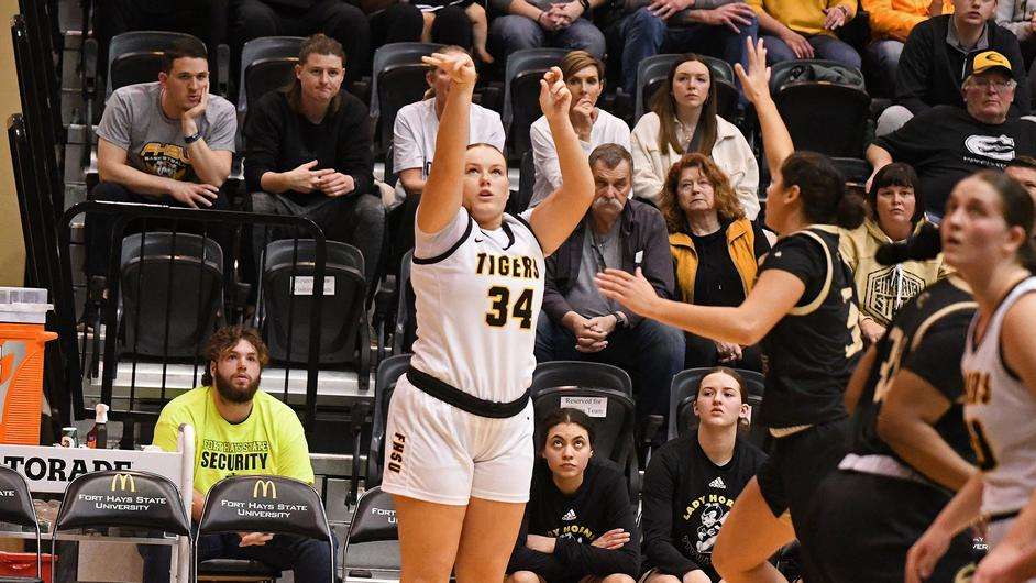 Fort Hays State guard Megan Earney attempts a three-point shot in the first half of an NCAA college basketball game against Emporia State on Saturday, January 27, 2024 in Hays, Kan. (FHSU Athletics photo/Nicole Heitmann)