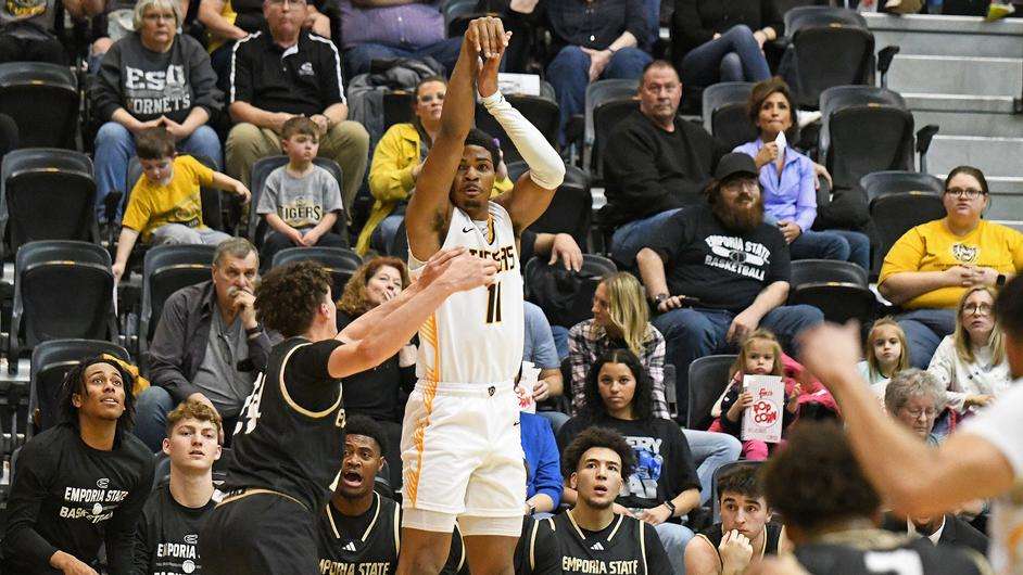 Fort Hays State guard R.J, Crawford attempts a 3-point shot in the first half of an NCAA college basketball game against Emporia State on Saturday, January 27, 2024 in Hays, Kan. (FHSU Athletics photo/Nicole Heitmann)
