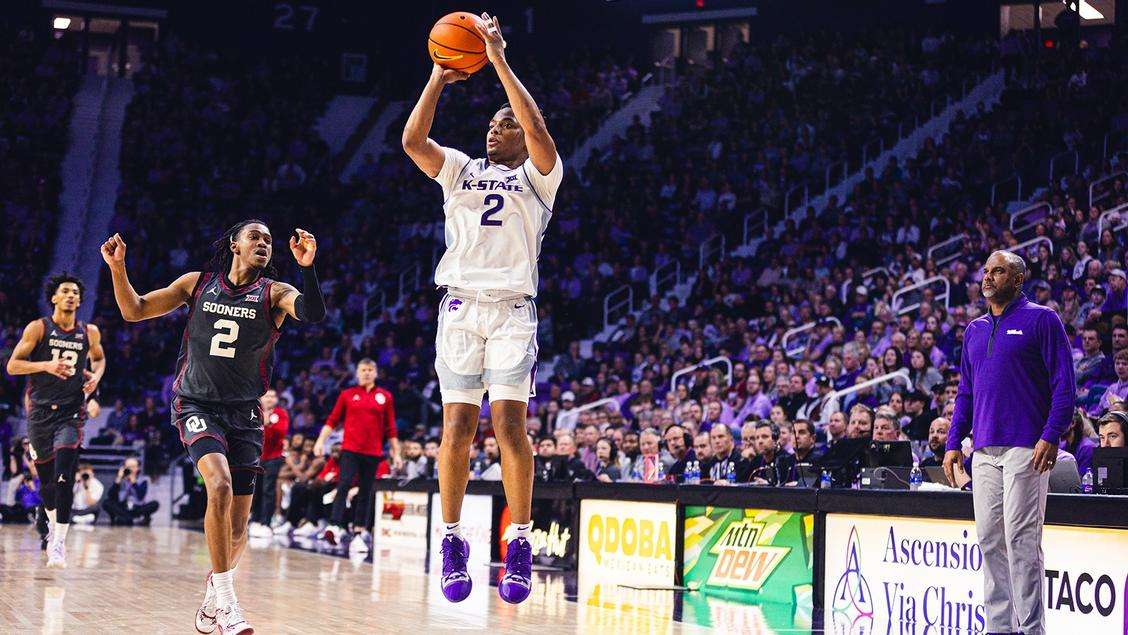 Kansas State guard Tylor Perry (20) attempts a shot in the second half of an NCAA college basketball game against Oklahoma on Tuesday, January 30, 2024 in Manhattan, Kan. (Kansas State Athletics photo)