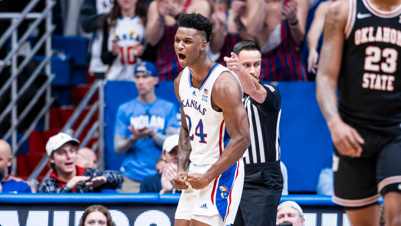 Kansas forward K.J. Adams Jr. (24) reacts after making a basket during the first half of an NCAA college basketball game against Oklahoma State, Tuesday, Jan. 30, 2024, in Lawrence, Kan. (Kansas Athletics photo)