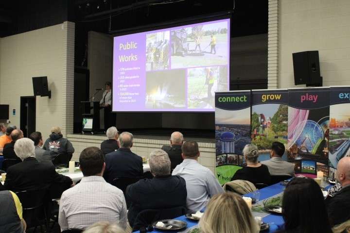 Interim City Manager Mary Grace Clements gave the State of the City address January 31, 2024 at the Sand Hills Event Center in Hutchinson. Photo by Emmie Boese.
