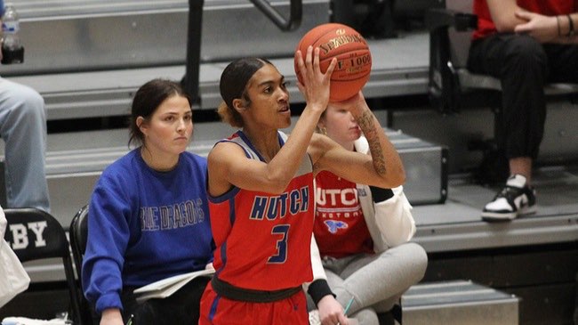 Journey Armstead knocks down a 3-pointer during the second half of No. 2 Hutchinson's 69-35 win over Colby on Wednesday at the Colby Event Center. (Billy Watson/Blue Dragon Sports Information) 