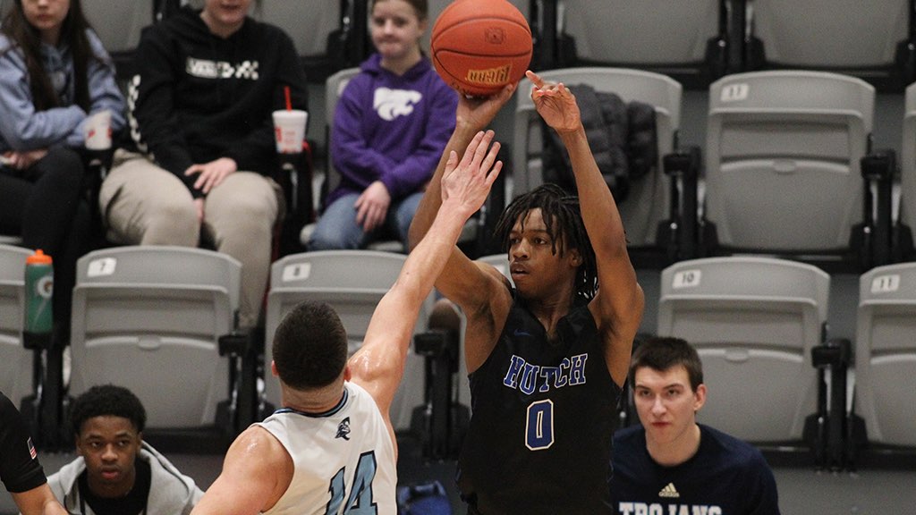 Dallas Whittney goes up for one of his career-high five 3-pointers in the No. 19 Blue Dragons' 77-56 KJCCC victory over Colby on Wednesday in Colby. (Billy Watson/Blue Dragon Sports Information) 