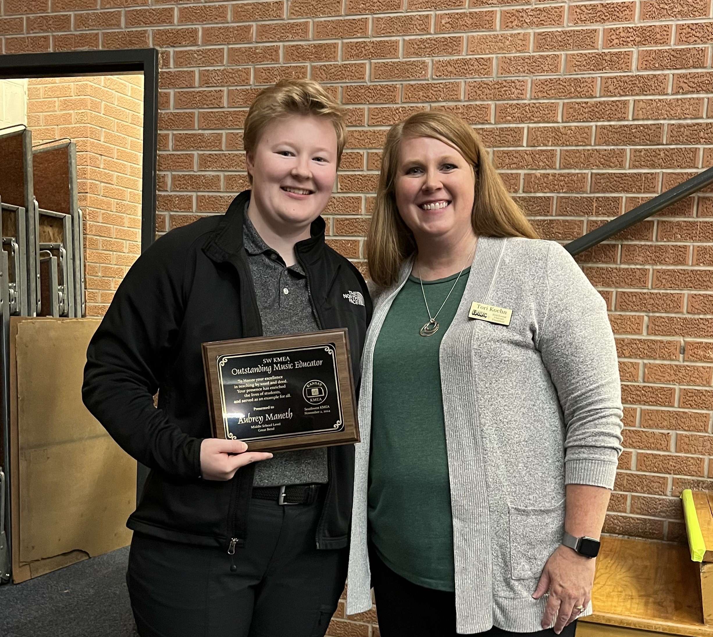 Aubrey Maneth, left, is photographed with Tori Koehn, president of Southwest KMEA. Maneth received the Outstanding Middle School Music Educator award on Saturday, Nov. 2, in Dodge City.