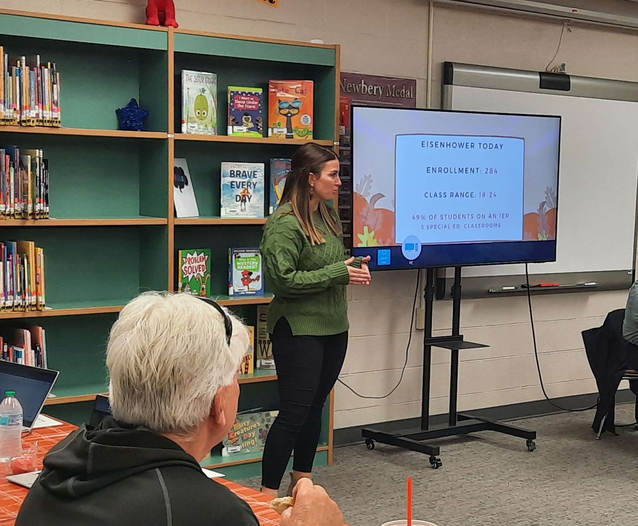 Eisenhower Elementary Principal Abby Jonas presents during Wednesday's USD 428 Board of Education luncheon.