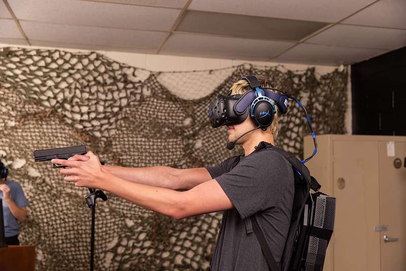 A Barton Community College just student works through a scenario using new virtual reality technology purchased by the school last December. Barton is the only college in the state to have VR technology for law enforcement training purposes.