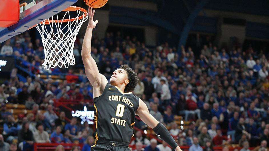 Fort Hays State's Elijah Nnanabu goes in for a layup in the second half of an NCAA college basketball a game against Kansas on Wednesday, November 1, 2023 in Lawrence, Kan. (FHSU Athletics photo/Elijah Nnanabu)