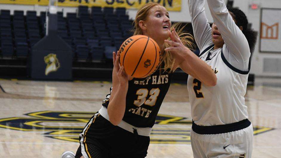 Fort Hays State's Olivia Hollenbeck drives to the basketball in the second half of an NCAA college basketball game against Central Oklahoma on Tuesday, December 19, 2023 in Edmond, Okla. (FHSU Athletics photo/Ryan Prickett)