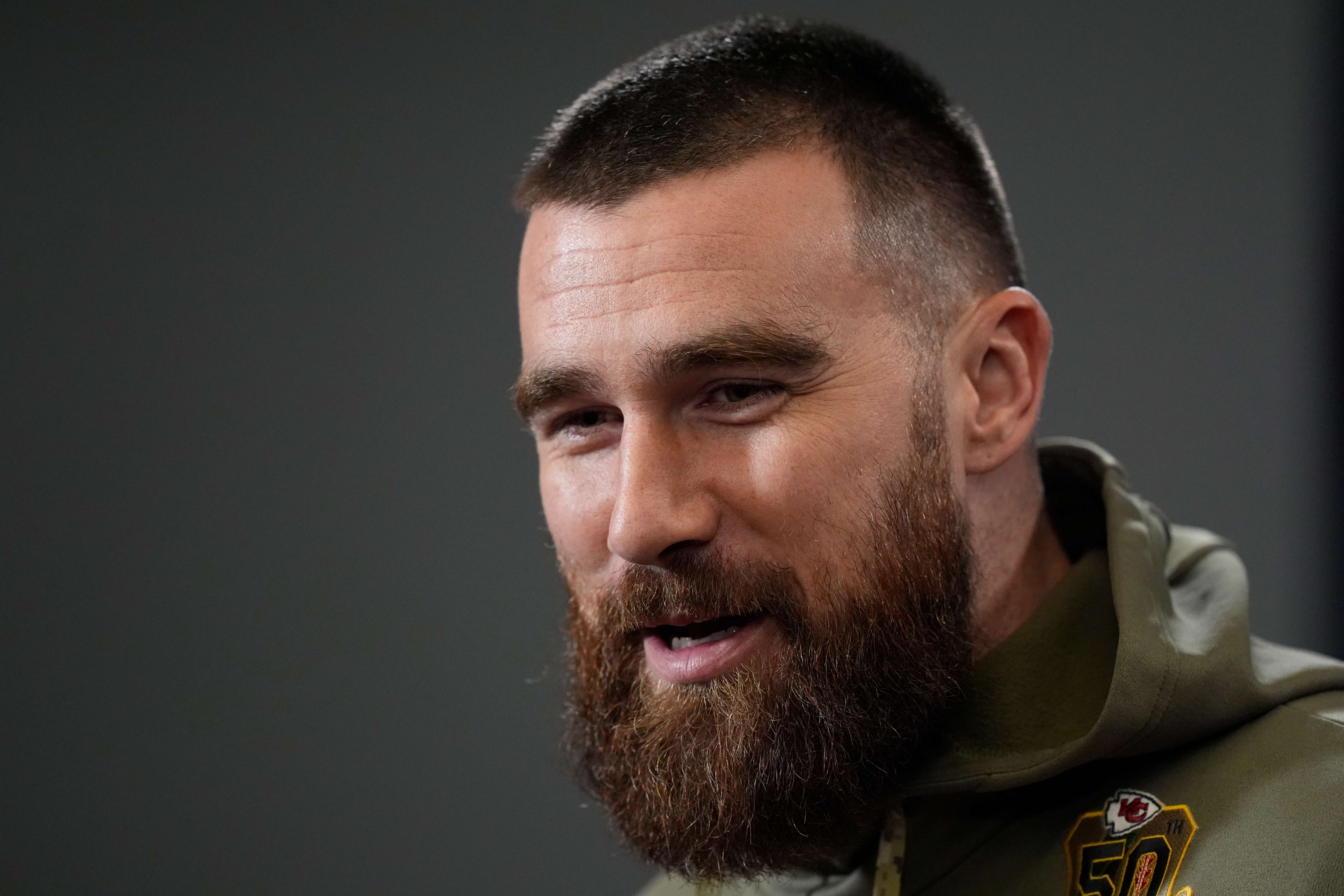 Kansas City Chiefs tight end Travis Kelce talks to the media before the team's NFL football practice Friday, Feb. 2, 2024 in Kansas City, Mo. The Chiefs will play the San Francisco 49ers in Super Bowl 58. (AP Photo/Charlie Riedel)