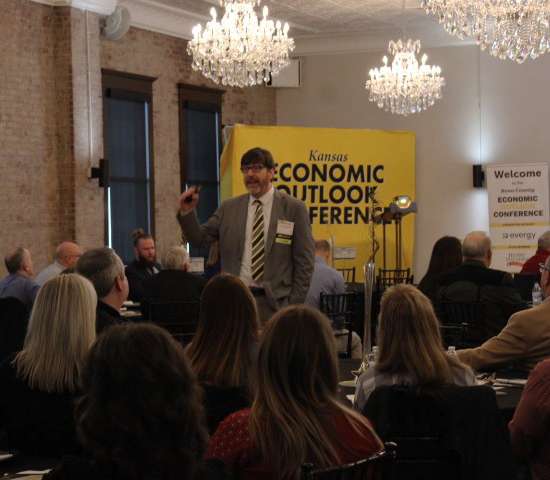 Jeremy Hill speaking at the 2024 Kansas Economic Outlook Conference in Hutchinson on Feb. 6. Photo by Emmie Boese.