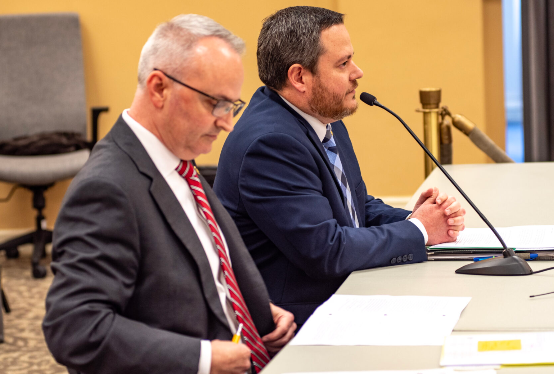  Missouri State Reps. Doug Richey, R-Excelsior Springs, and Brad Hudson, R-Cape Fair, present bills to the House Special Committee on Education Reform Monday afternoon (Annelise Hanshaw/Missouri Independent).