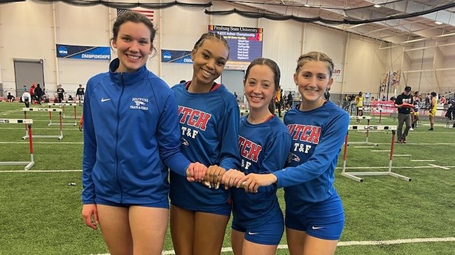 The Blue Dragon distance medley relay team of (l to r) Ellie Van Zelfden, Tanasia Hampton, Abigail Grantham and Taylor Hoskinson set a school record in the event at the Region VI Indoor Championships in Pittsburg. (Photo by Jafet Molinares)