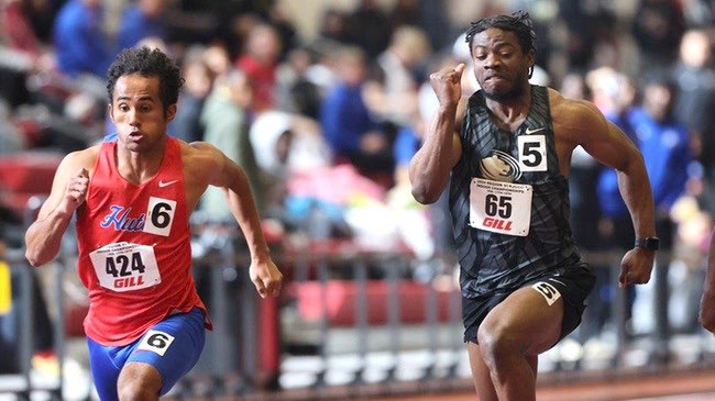 Blue Dragon sprinter Ezekiel Seamster won the Region VI Indoor 60-meter championship on Sunday by .006 seconds to lead the Blue Dragon men to a fifth-place finish at Pittsburg State's Plaster Center. (Photo by Ed Bailey)