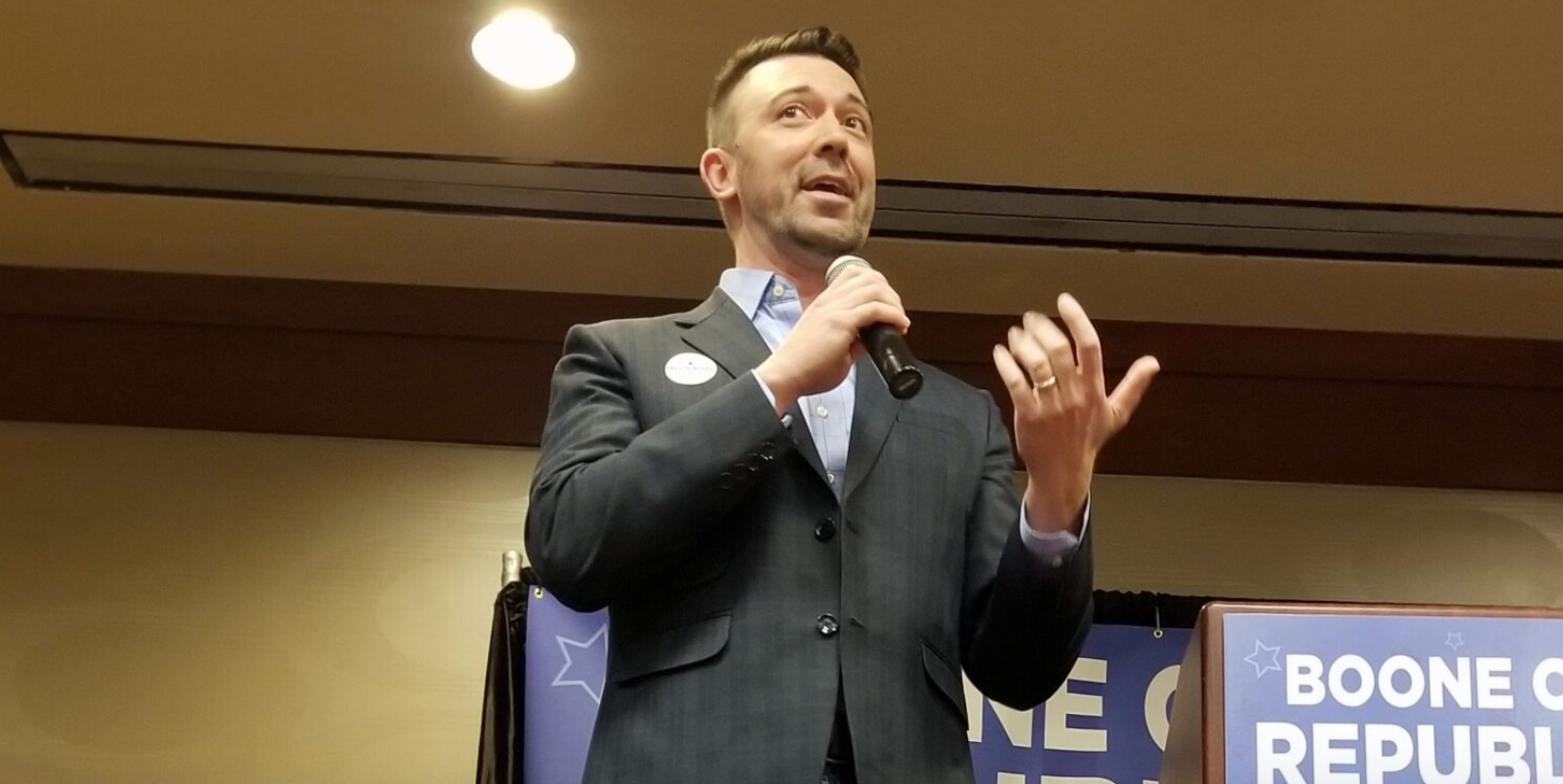 Taylor Burks, a candidate for Congress from the 3rd Congressional District, speaks during 2022 at the Boone County Republican Lincoln Days in Columbia. He was a candidate in the 4th District in 2022 (Rudi Keller/Missouri Independent).