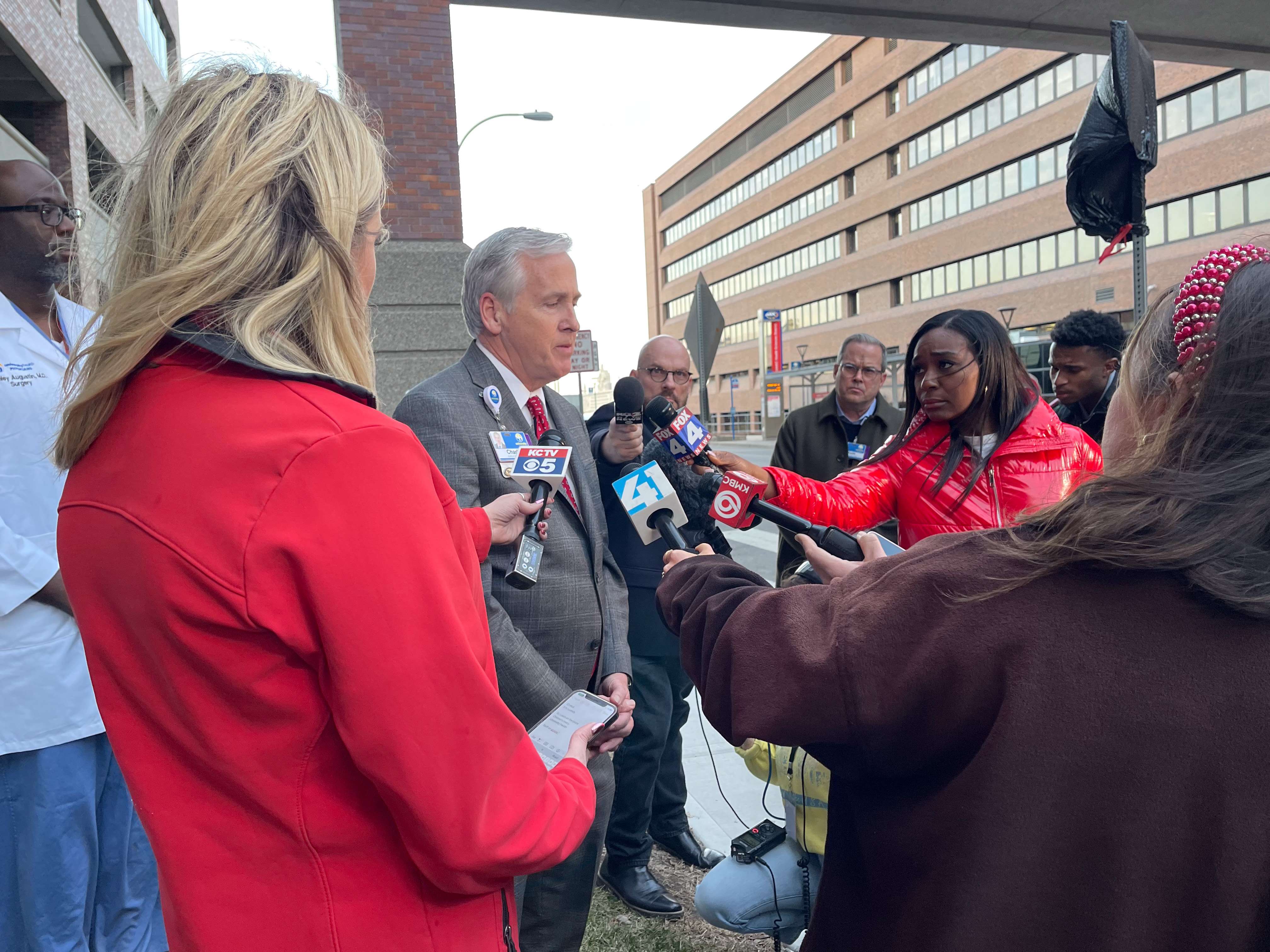 University Health President Charlie Shields speaks with the news media after the Super Bowl rally shooting/Photo courtesy of University Health