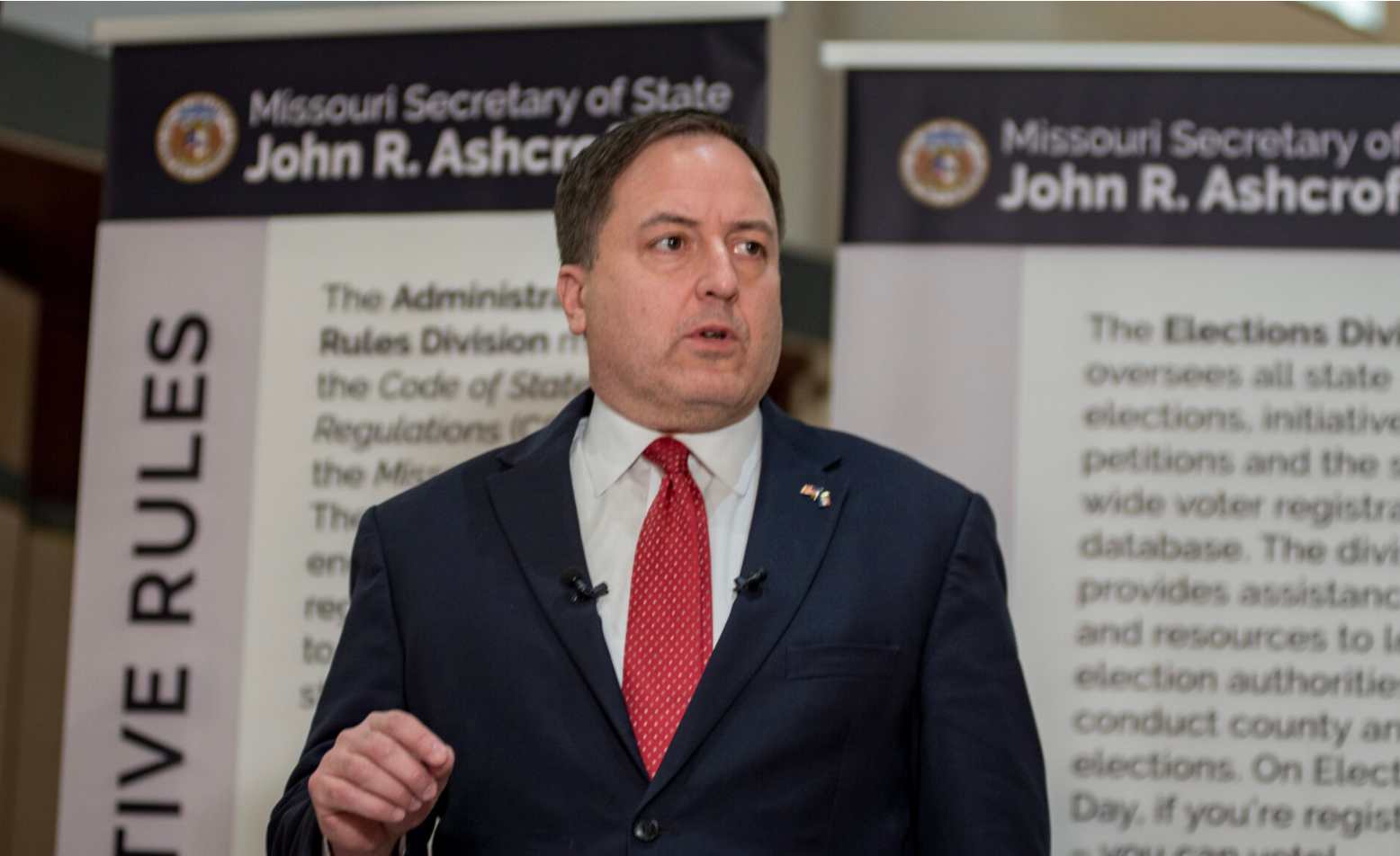  Missouri Secretary of State Jay Ashcroft speaks to reporters Dec. 20, 2023 (Annelise Hanshaw/Missouri Independent).