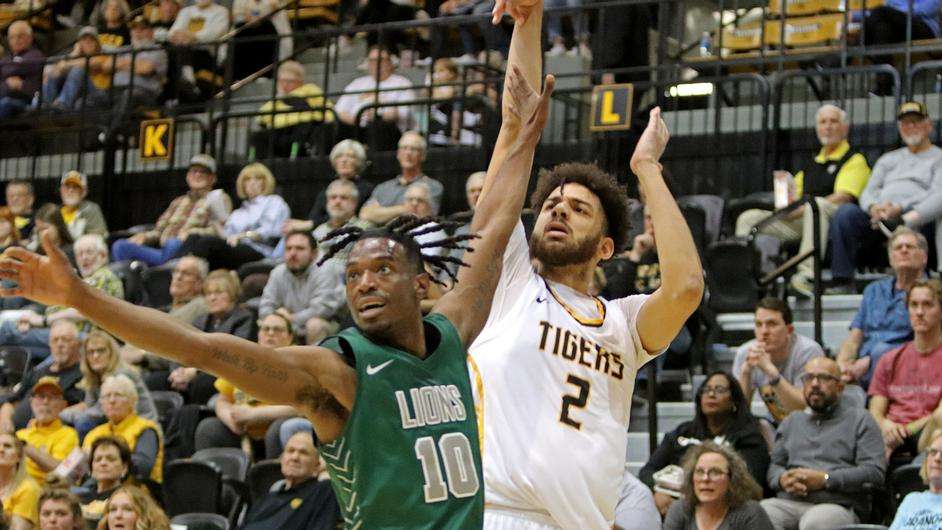 Fort Hays State Traejon Davie (2) attempts a shot over Missouri Southern's Vincent Sigmon Jr. (10) in an NCAA college basketball game on Saturday, February 24, 2024 in Hays, Kan. (FHSU Athletics photo/Gillian Lynch)