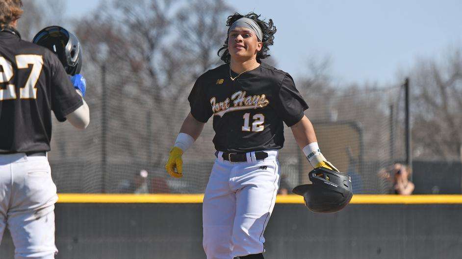 Fort Hays State's Sebastian Burgos celebrates after hitting a home run in an NCAA college baseball game against Missouri Southern on Sunday, February 25, 2024 in Hays, Kan. (FHSU Athletics photo/Ryan Prickett)