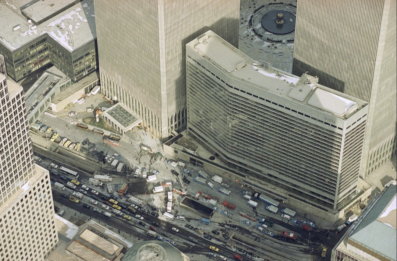 Manhattan’s West Street is jammed with police and emergency service vehicles in the aftermath of yesterday’s explosion that rocked New York’s World Trade Center’s twin towers and the Vista Hotel, foreground right, Feb. 27, 1993, causing evacuation of the financial center. Officials all but confirmed that a bomb caused the huge blast that left at least five people dead and injured hundreds. (AP Photo/Mike Derer)  Share