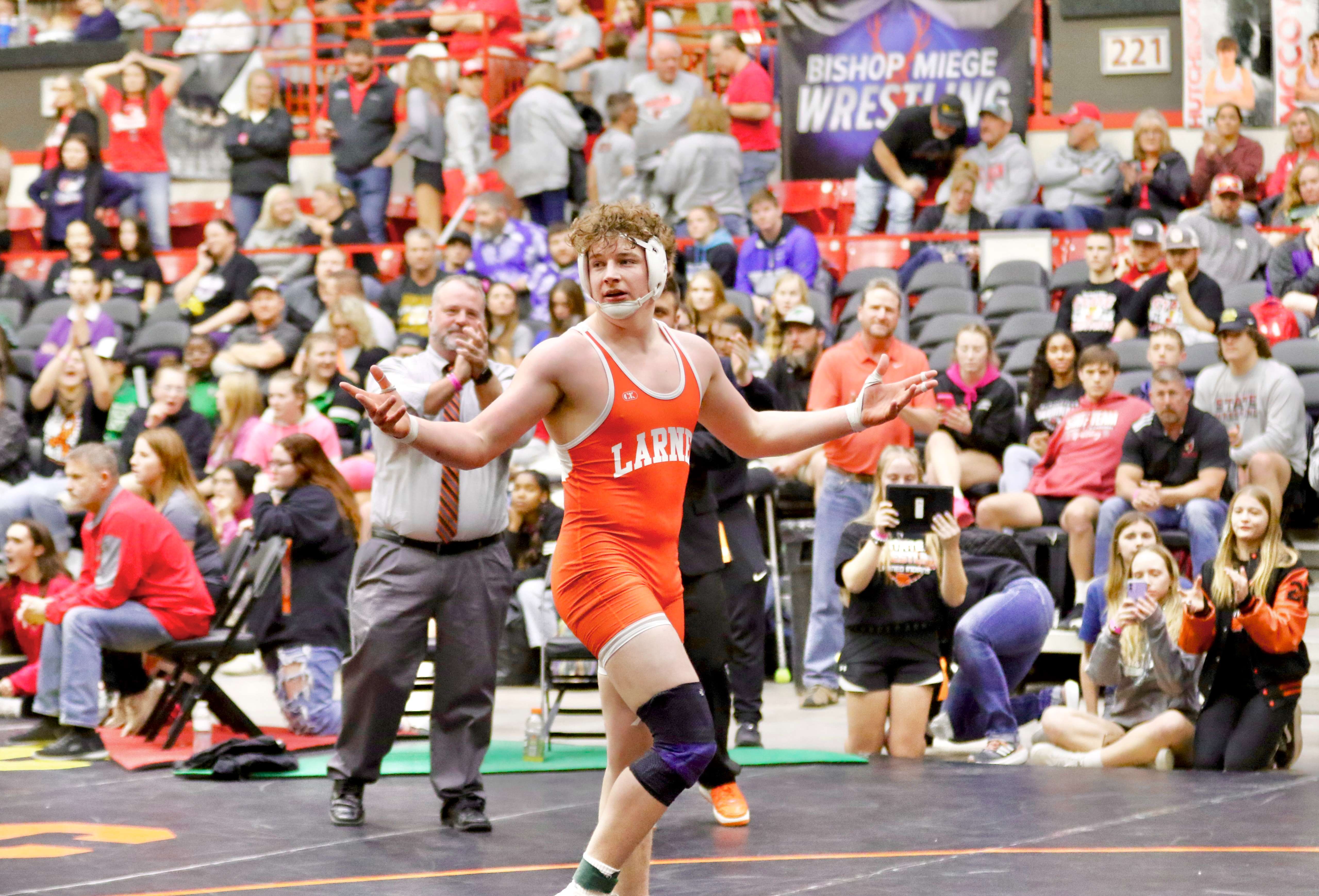 Larned senior Luke Fischer capped his second perfect season with the 215-pound title Saturday. He ends his career with a 68-match win streak. (photo courtesy of Janet Fleske)