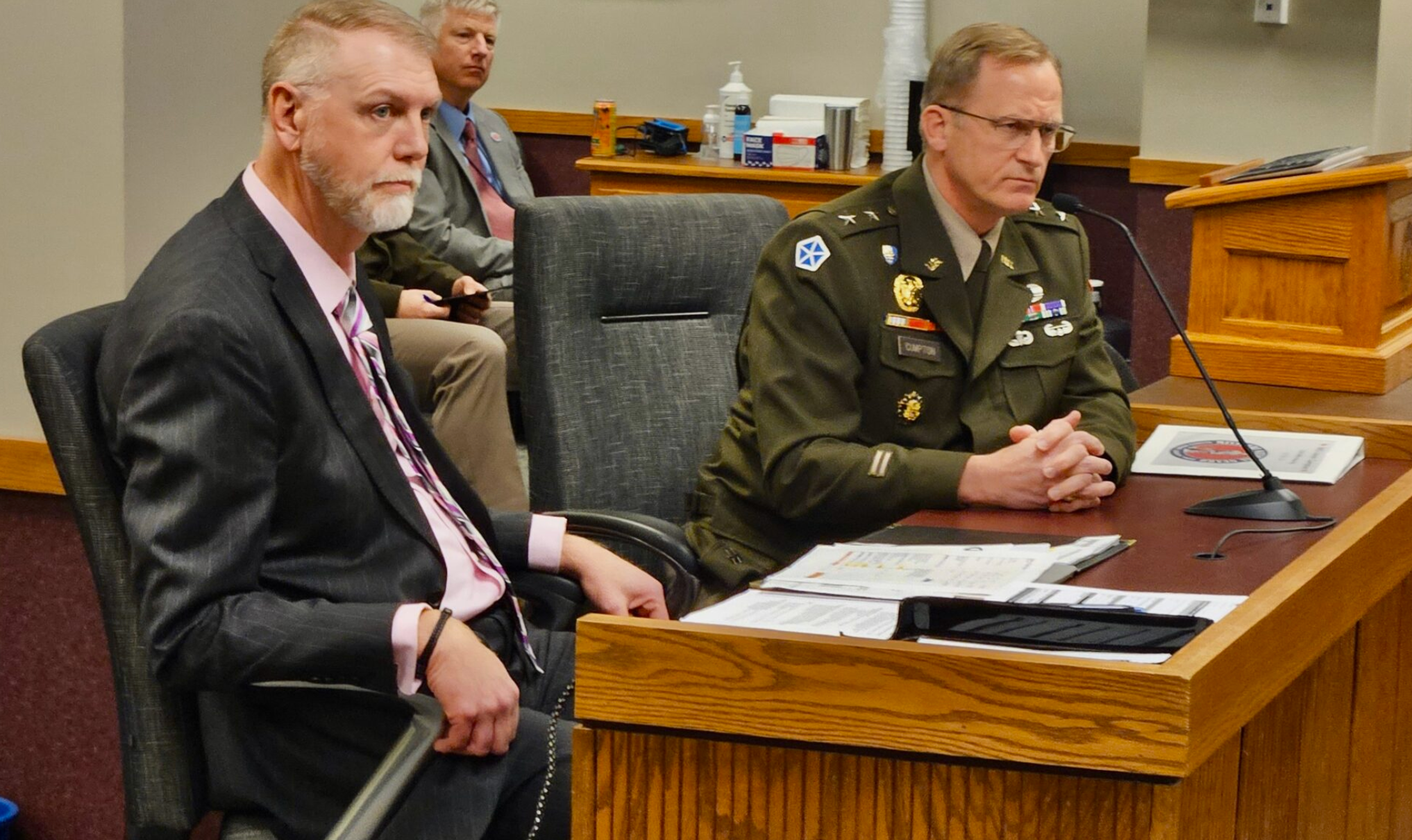  Maj. Gen. Levon Compton, right, adjutant general of Missouri, listens to a question Monday during a hearing on $2.2 million requested to support sending National Guard troops and Missouri State Highway Patrol officers to Texas for border duty. (Rudi Keller/Missouri Independent)