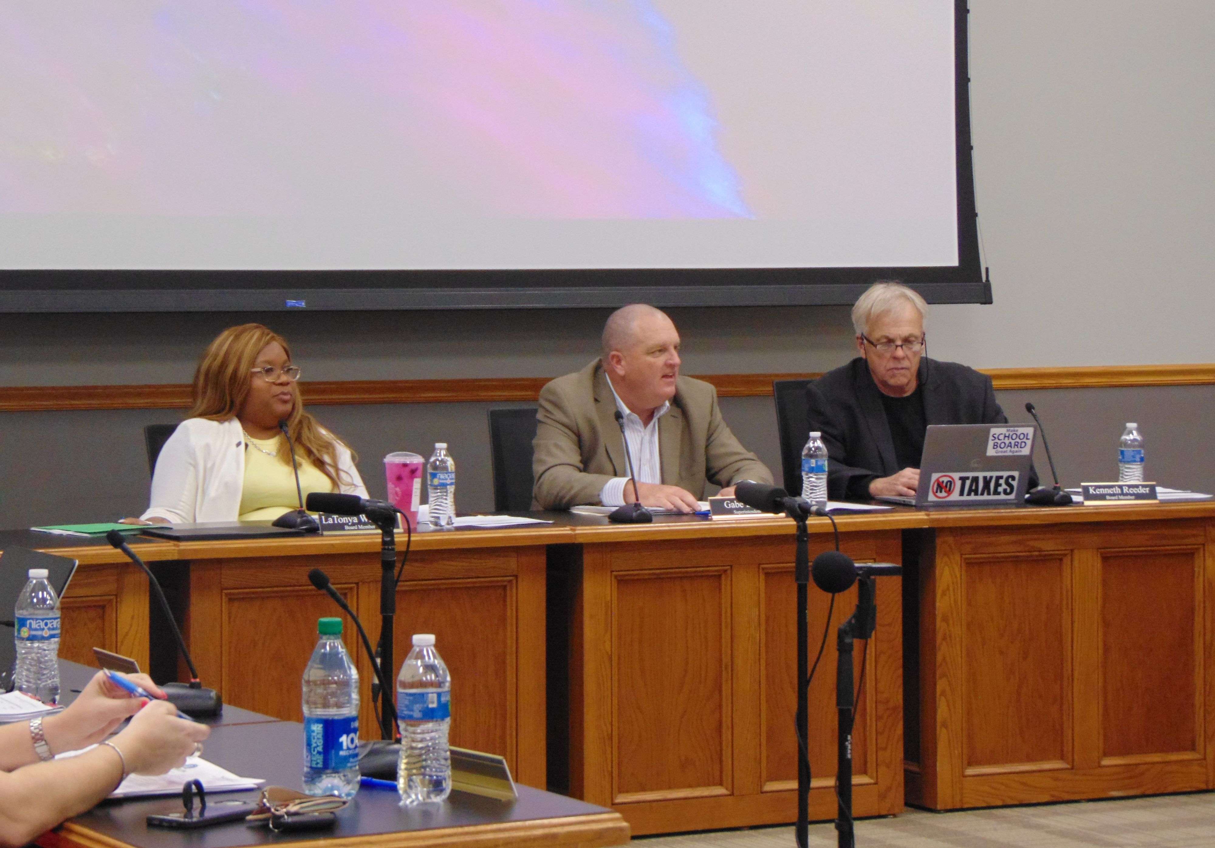 St. Joseph School Board President LaTonya Williams, School Supt. Gabe Edgar, and School Board Vice President Kenneth Reeder (left to right)/Photo by Brent Martin