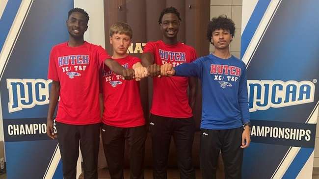 The Blue Dragon men's Distance Medley Relay of (l to r), Rickyle Telemaque, Christian Darrah, Titus Kiprotich and Leo LeGrand, break the Blue Dragon school record and place ninth at the NJCAA Indoor Championships on Friday in Gainesville, FL.