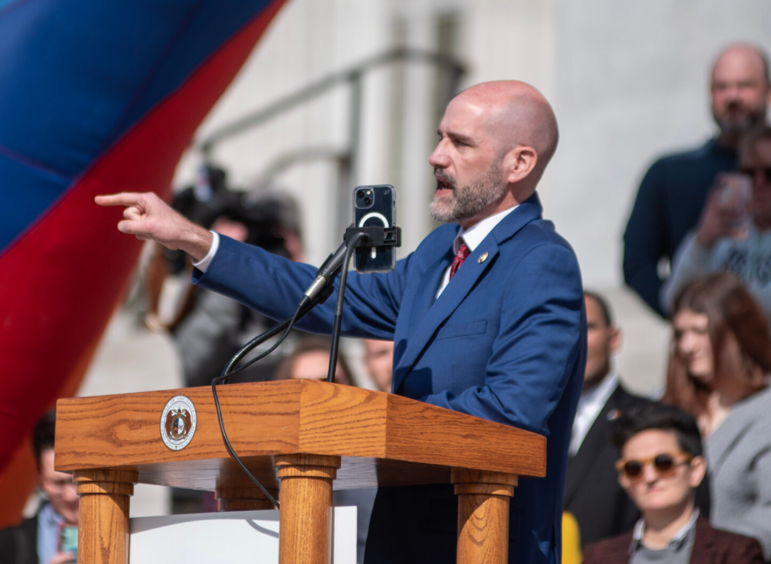  State Sen. Greg Razer, D-Kansas City, speaks at a rally held by LGBTQ advocacy organization PROMO early February 2023 on the steps of the Missouri Capitol (Annelise Hanshaw/Missouri Independent).