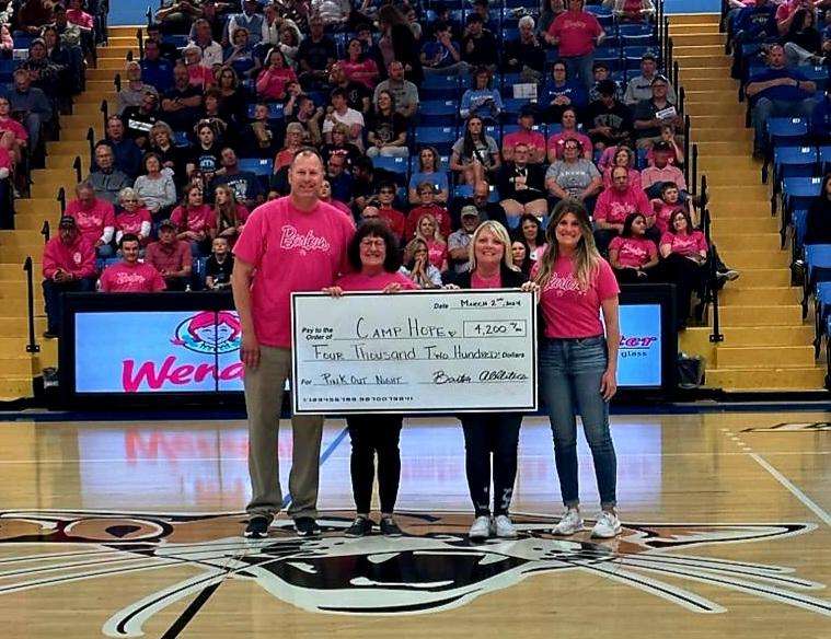 Barton Athletic Director Trevor Rolfs and Assistant Director of Athletics Heather Panning present a $4,200 check to Christy Huslig and Gail Moeder of Camp Hope. The donation was from Barton Athletics’ annual “Pink Out Night,” which was held March 2.