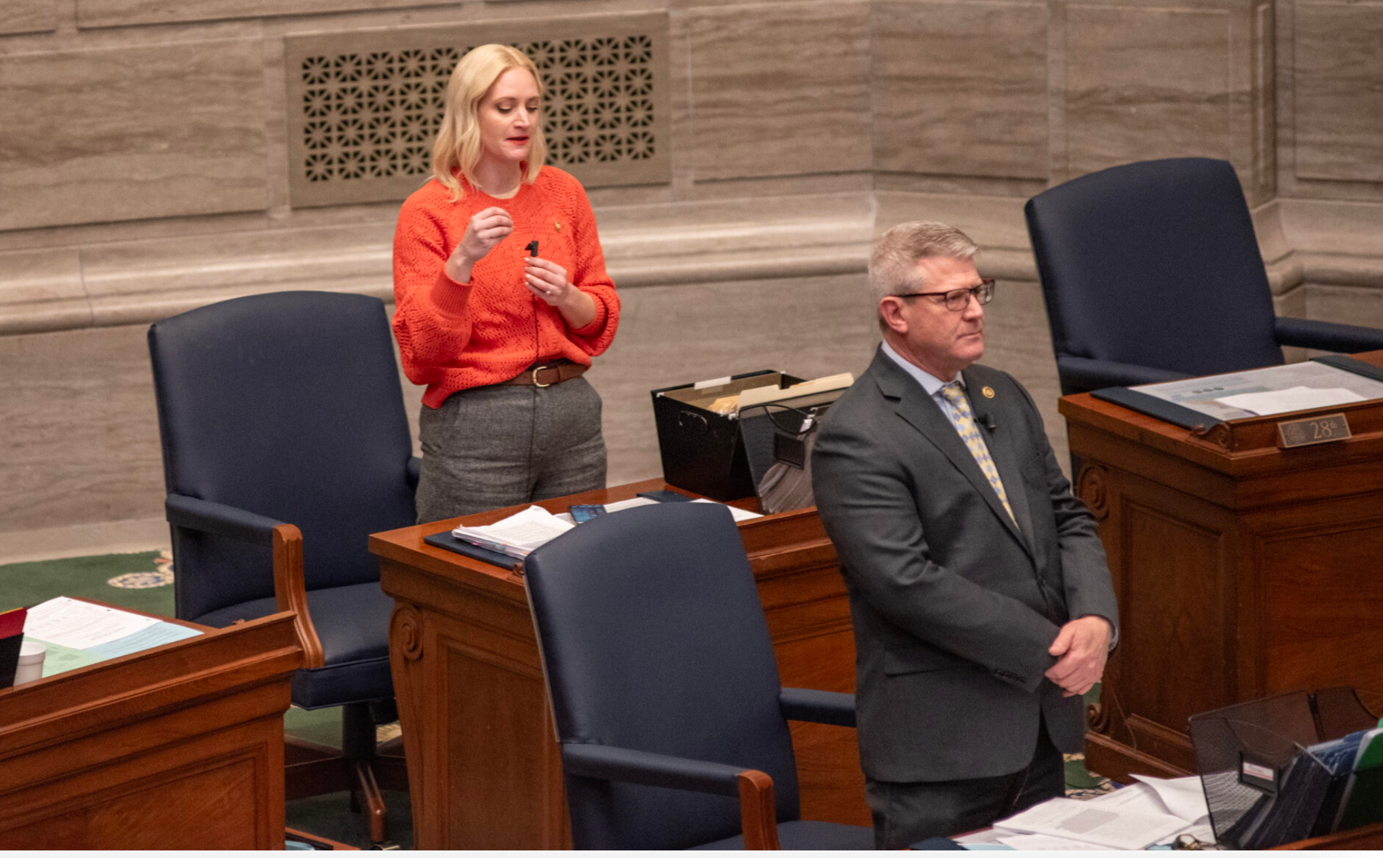  Missouri State Sen. Lauren Arthur, D-Kansas City, and Sen. Doug Beck, D-Affton, kick off a filibuster of a bill that would expand the state's K-12 tax-credit scholarships (Annelise Hanshaw/Missouri Independent).