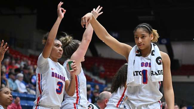 Monae Duffy and the Blue Dragon women's basketball team play the Barton Cougars at 1 p.m. on Friday in the semifinals of the 2024 Region VI Basketball Tournament at the Sports Arena. (Andrew Carpenter/Blue Dragon Sports Information)