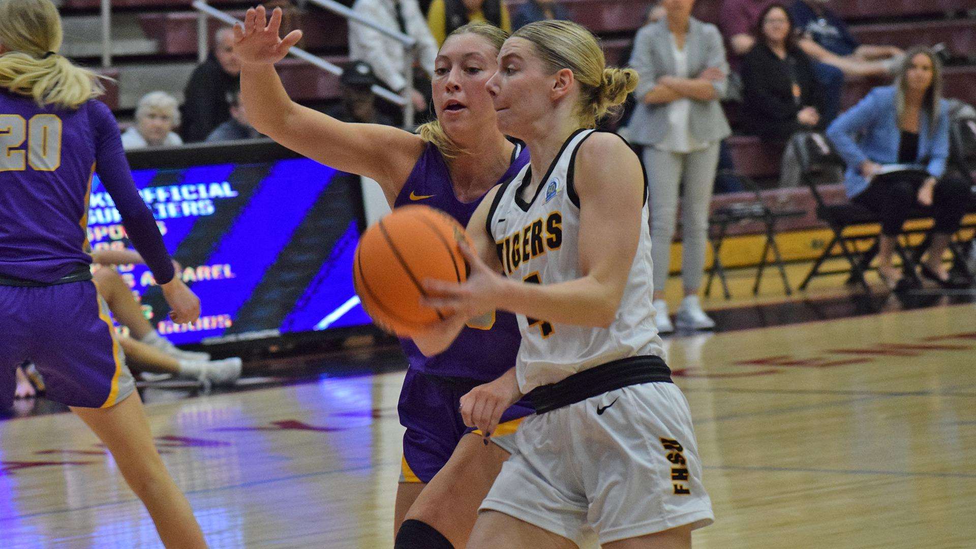 Fort Hays State's Kate Dilsaver drives to the basket against Minnesota State in the first half of an NCAA college basketball game on Saturday, March 16, 2024 in Bethany, Okla. (FHSU Athletics photo/Seth Kincaid)