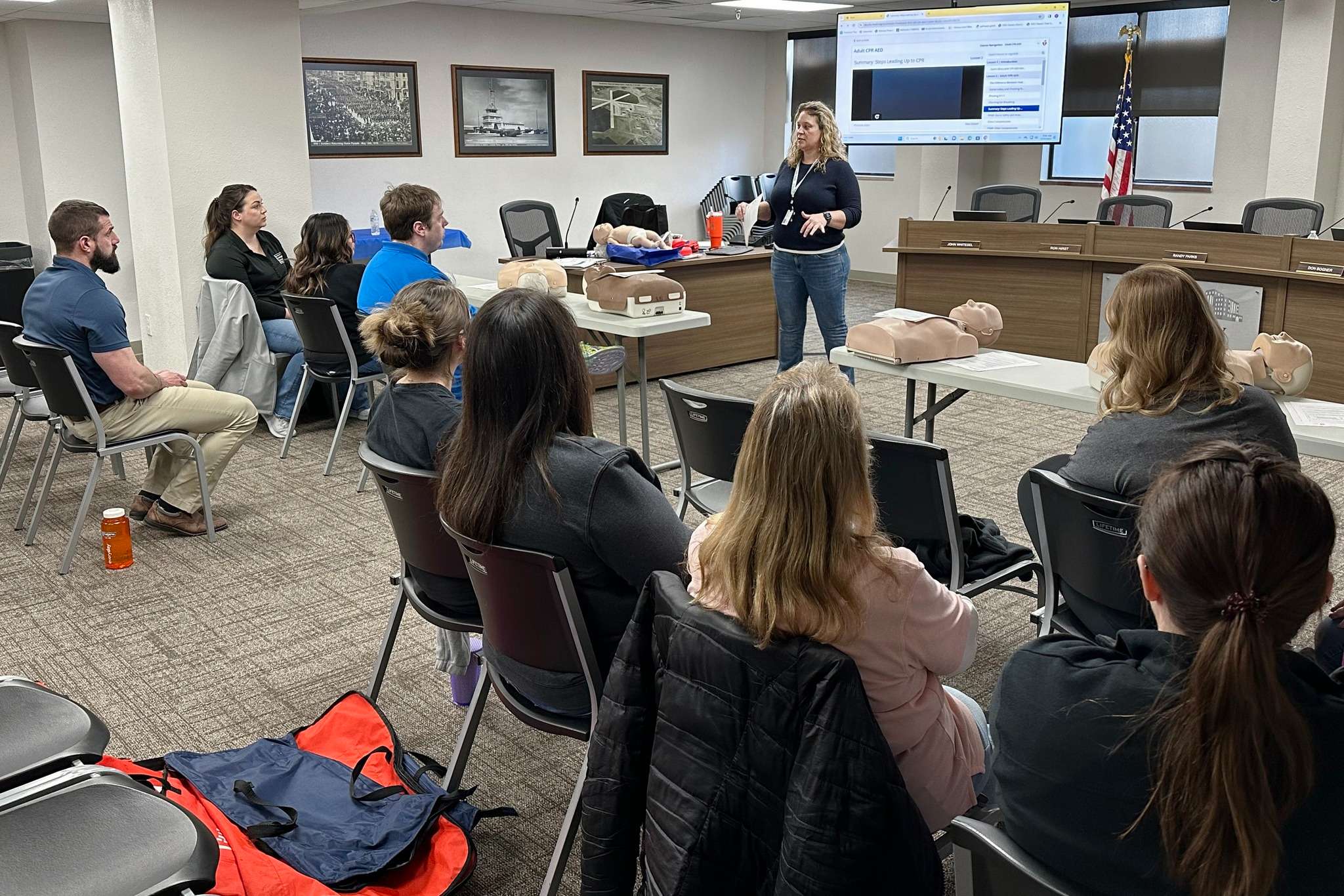 The Reno County Health Department's Candace Davidson and Julie Kallas taught the American Heart Association's Heartsaver First Aid/CPR/AED class Tuesday morning in the Veterans Room at the Reno County Courthouse. Photo by Sandra Milburn.