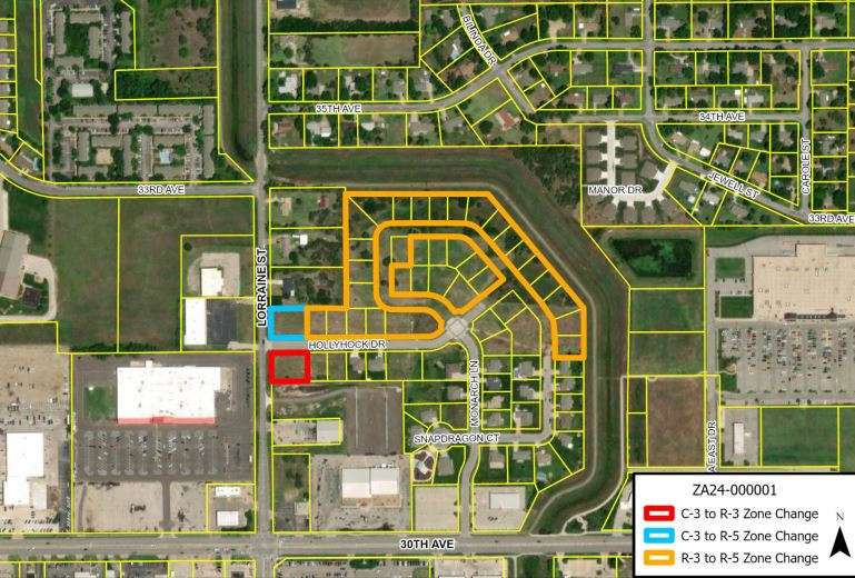 A Zoning Amendment case to allow for more houses in a currently unbuilt subdivision near 30th and Lorraine will be considered Tuesday. Image Courtesy City of Hutchinson.