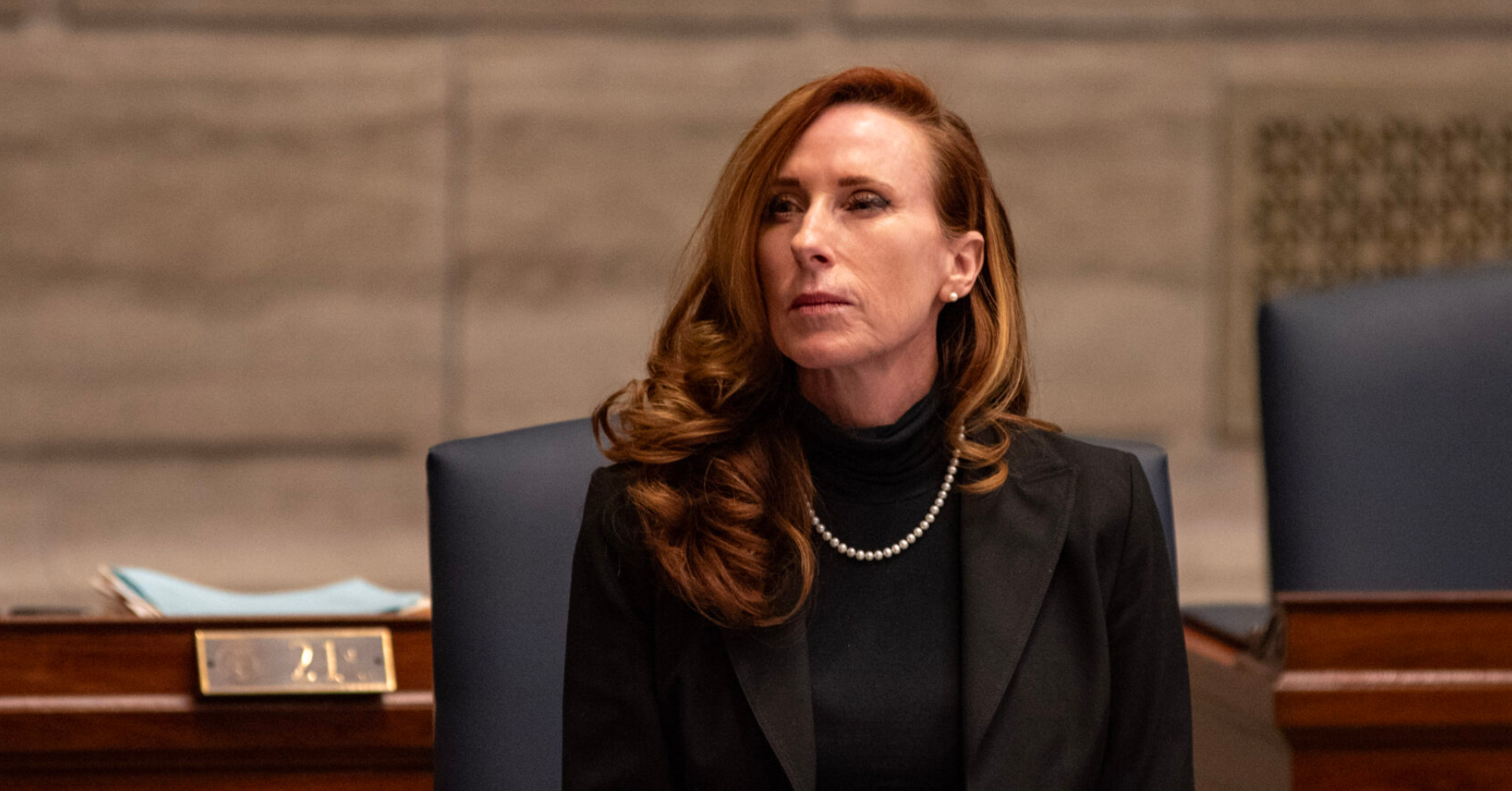 Sen. Holly Thompson Rehder, R-Scott City, listens to Senate debate on Feb. 12, 2024 (Annelise Hanshaw/Missouri Independent).