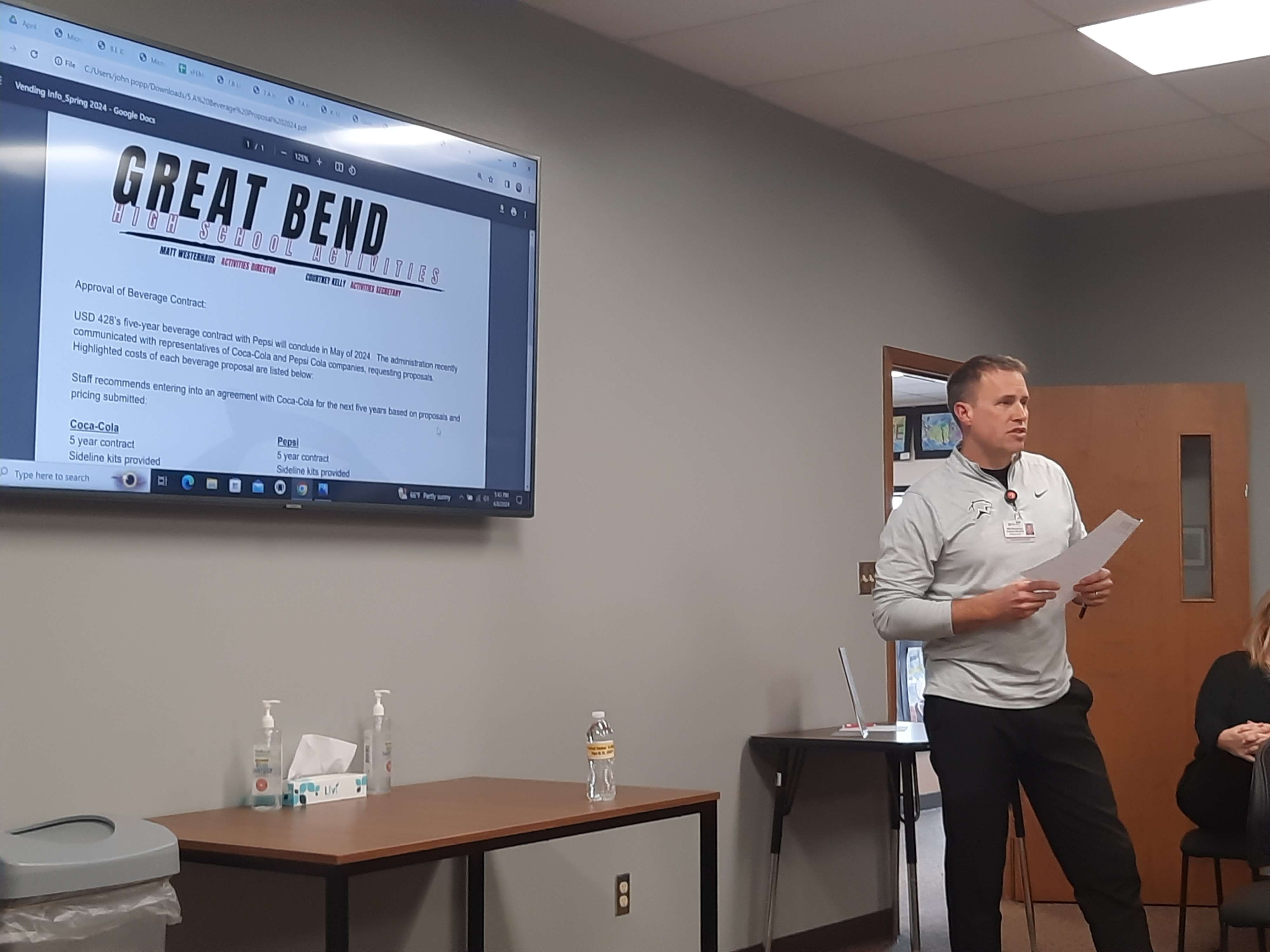 Great Bend High School Activities Director Matt Westerhaus presented to the USD 428 Board of Education ahead of the board's decision to switch from Pepsi to Coca-Cola for the next five years.