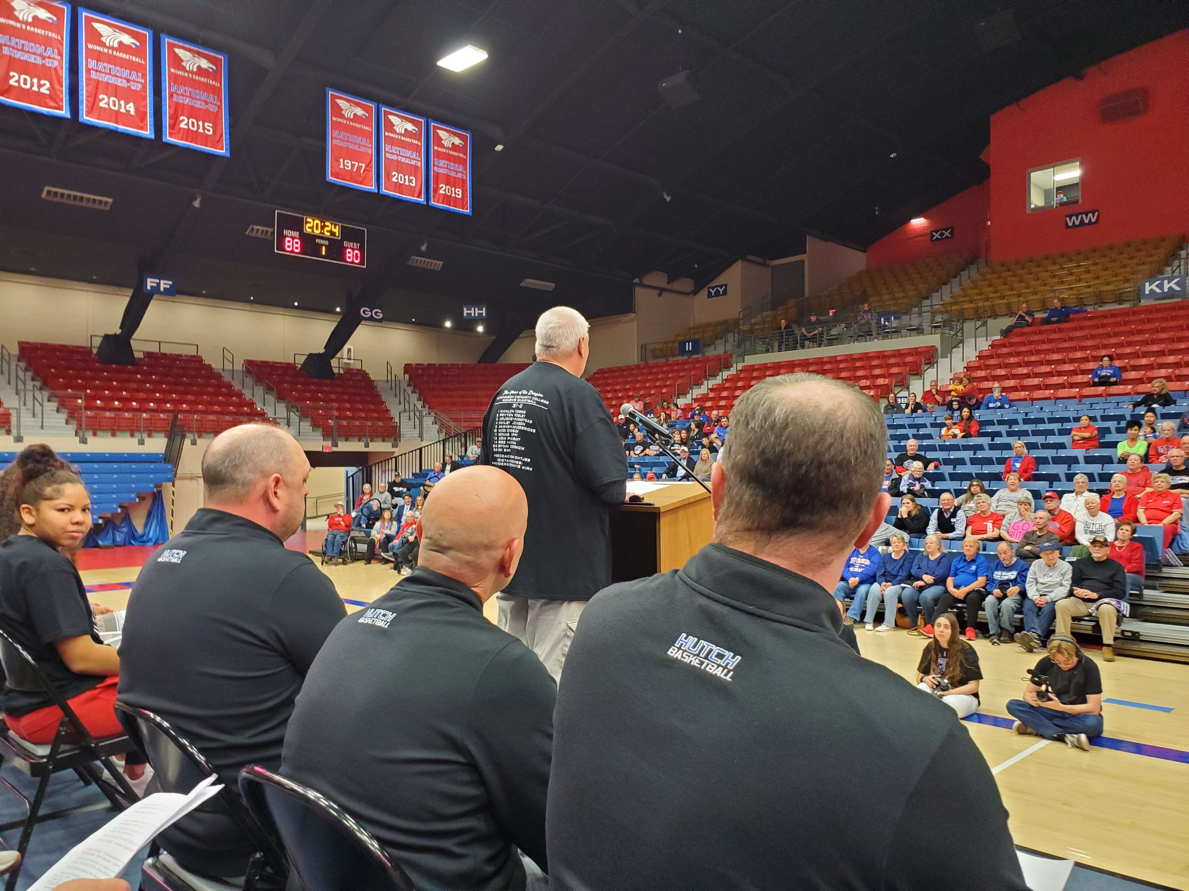 HutchCC Sports Information Director Steve Carpenter addresses the crowd for the national championship celebration on Tuesday at the Sports Arena. (Photo Daren Dunn)