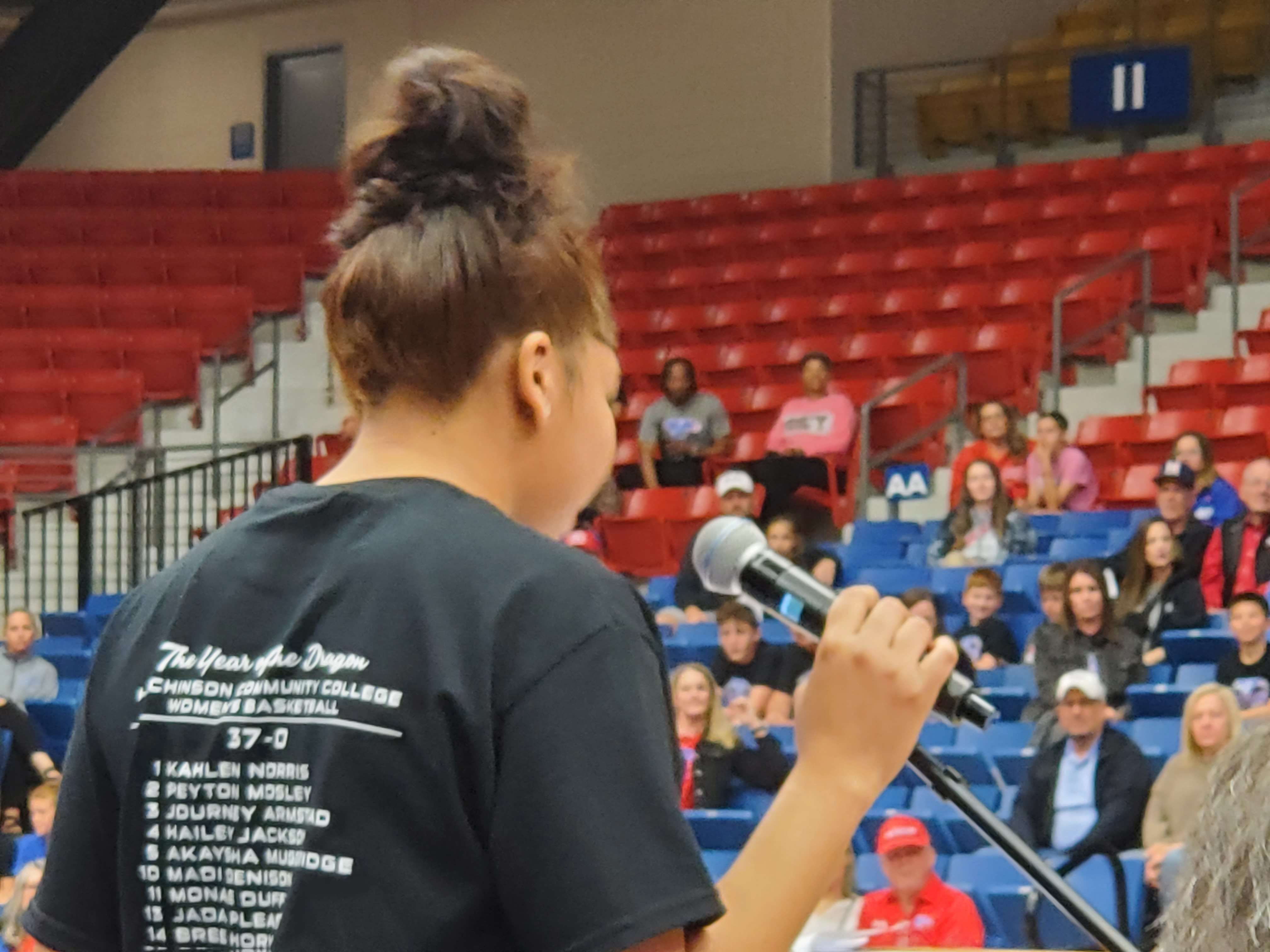 HutchCC freshman Kiki Smith addresses the crowd for the national championship celebration on Tuesday at the Sports Arena. (Photo Daren Dunn)
