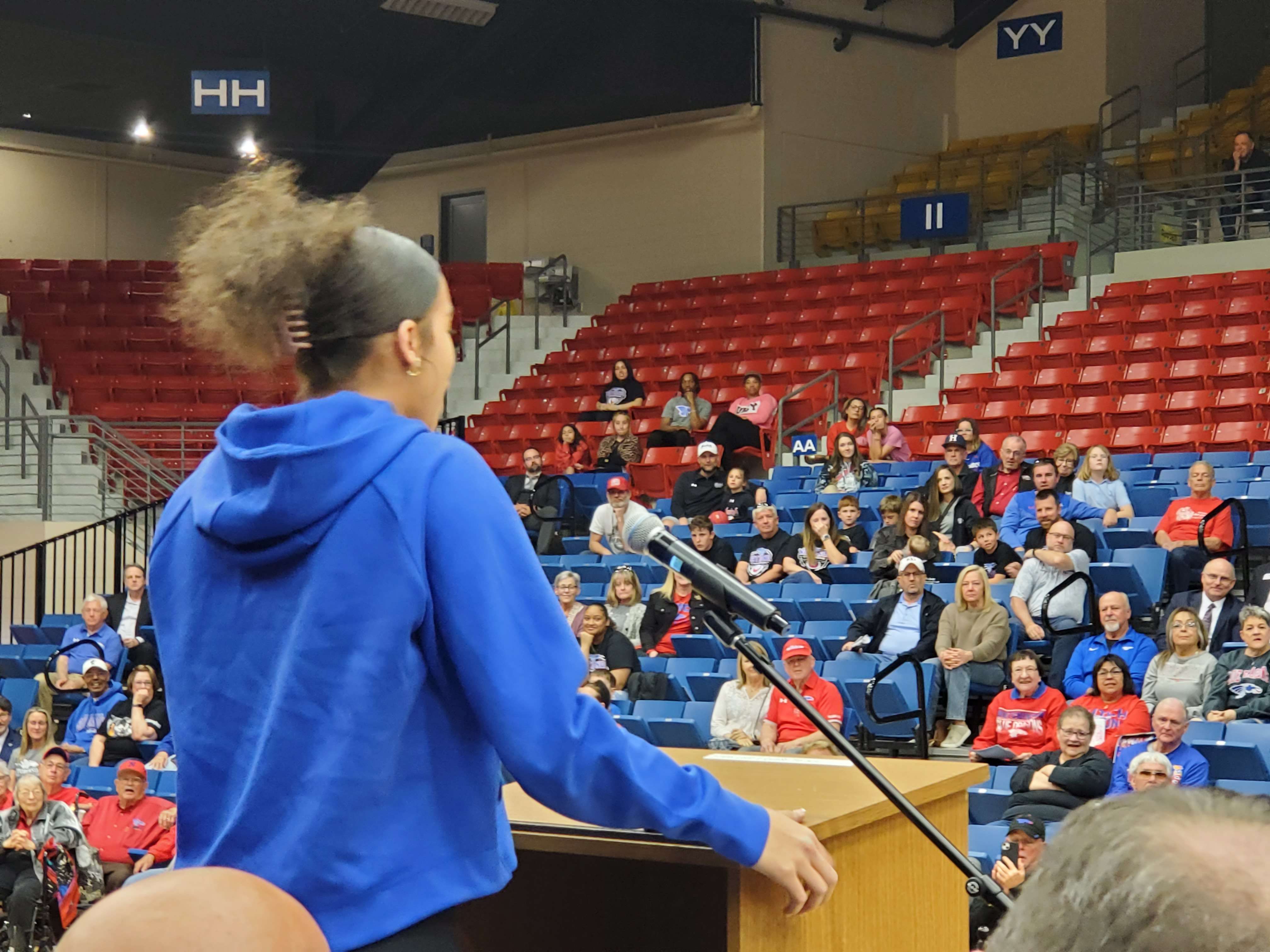 HutchCC freshman Hailey Jackson addresses the crowd for the national championship celebration on Tuesday at the Sports Arena. (Photo Daren Dunn)
