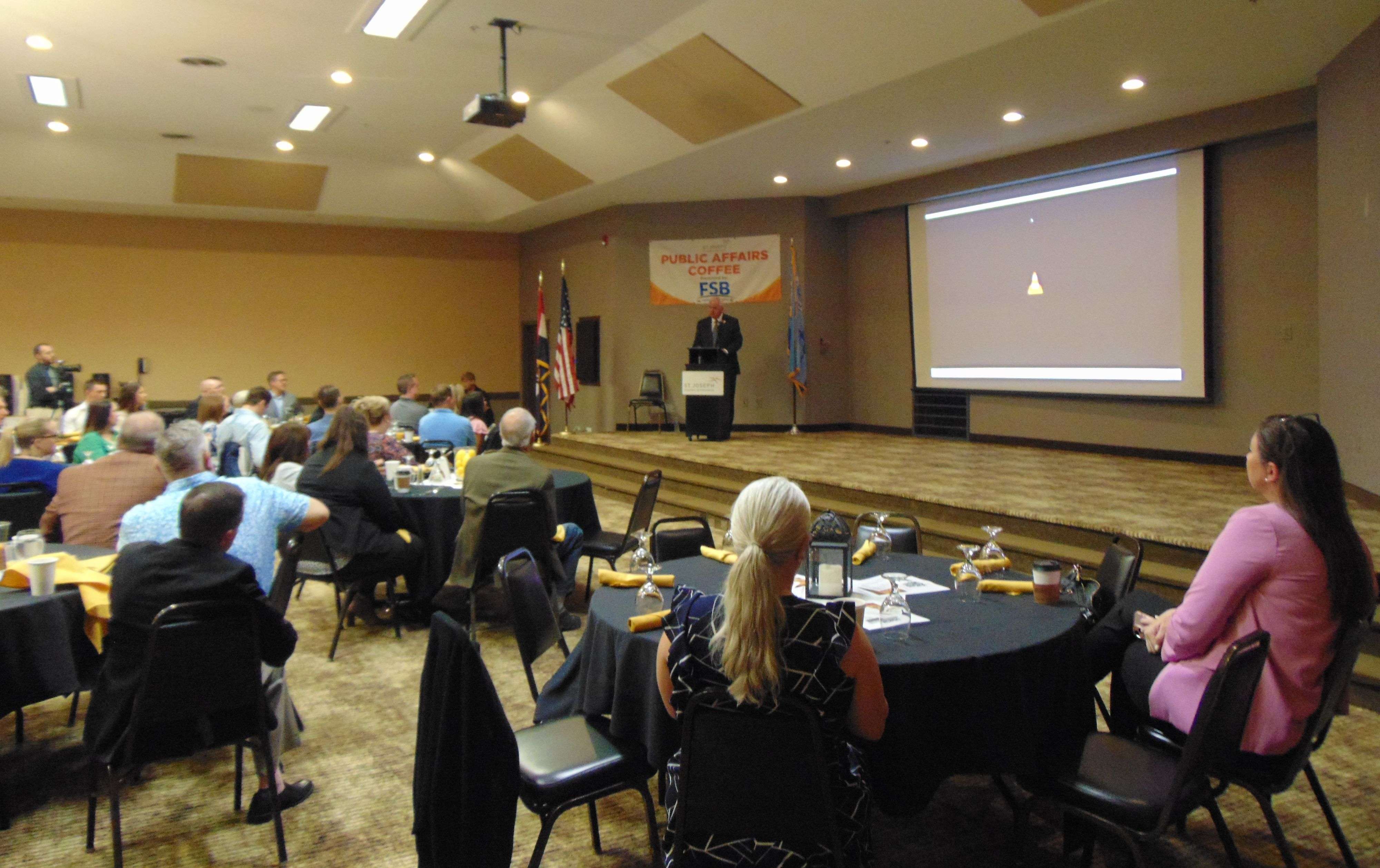 St. Joseph Mayor John Josendale speaks to the St. Joseph Chamber of Commerce Public Affairs Coffee, delivering the State of the City address/Photo by Brent Martin