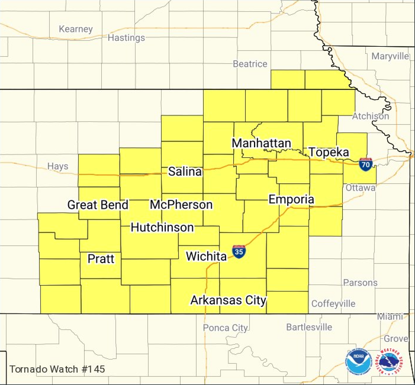 U.S. NWS Storm Prediction Center issues tornado watch for central Kansas
