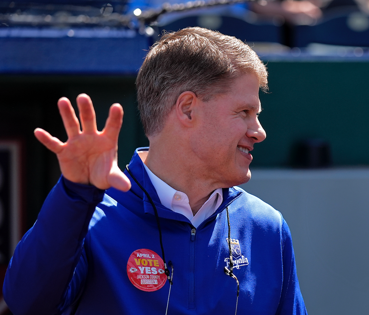 Kansas City Chiefs owner Clark Hunt, left, and Kansas City Royals owner John Sherman talk before a baseball game between the Kansas City Royals and the Minnesota Twins Thursday, March 28, 2024, in Kansas City, Mo. Jackson County voters will decide on a ballot question to extend a sales tax to fund a new stadium for the Royals and stadium improvements for the Chiefs in an election held Tuesday, April 2. (AP Photo/Charlie Riedel)