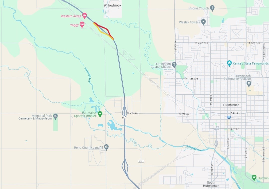 K-14 and Wilson Road. Current closures in red. Future closures in yellow. Image Courtesy KDOT.