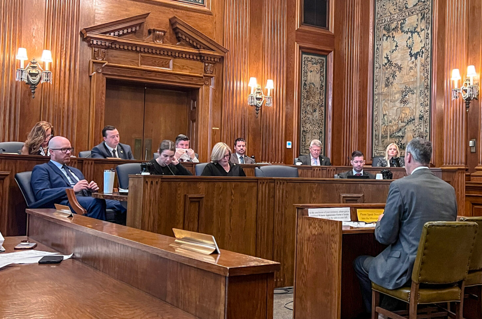  Paul Wagner, executive director of the Council on Public Higher Education in Missouri, testifies in a Missouri Senate committee hearing Tuesday morning (Annelise Hanshaw/Missouri Independent).