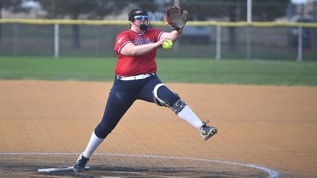 Morgan Tomlinson twirls 4 2-3 innings of scoreless relief in Blue Dragon softball's come-from-behind 4-3 victory over the Barton Cougars in the winner's bracket of the Region VI Tournament on Friday in Dodge City (Steve Carpenter/Blue Dragon Sports Information)