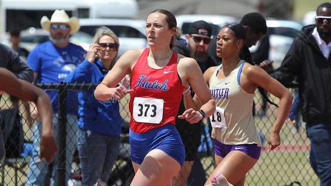 Kaylee James had a huge day for the Blue Dragon women with a school record in the 400 meters and a Region 6 runner-up performance in the 100-meter hurdle finals on Saturday in Pratt. (Billy Watson/Blue Dragon Sports Information)