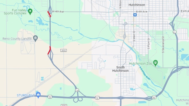 K-14 ramp closures for the week of May 13, 2024 are marked in red. Image provided by KDOT.
