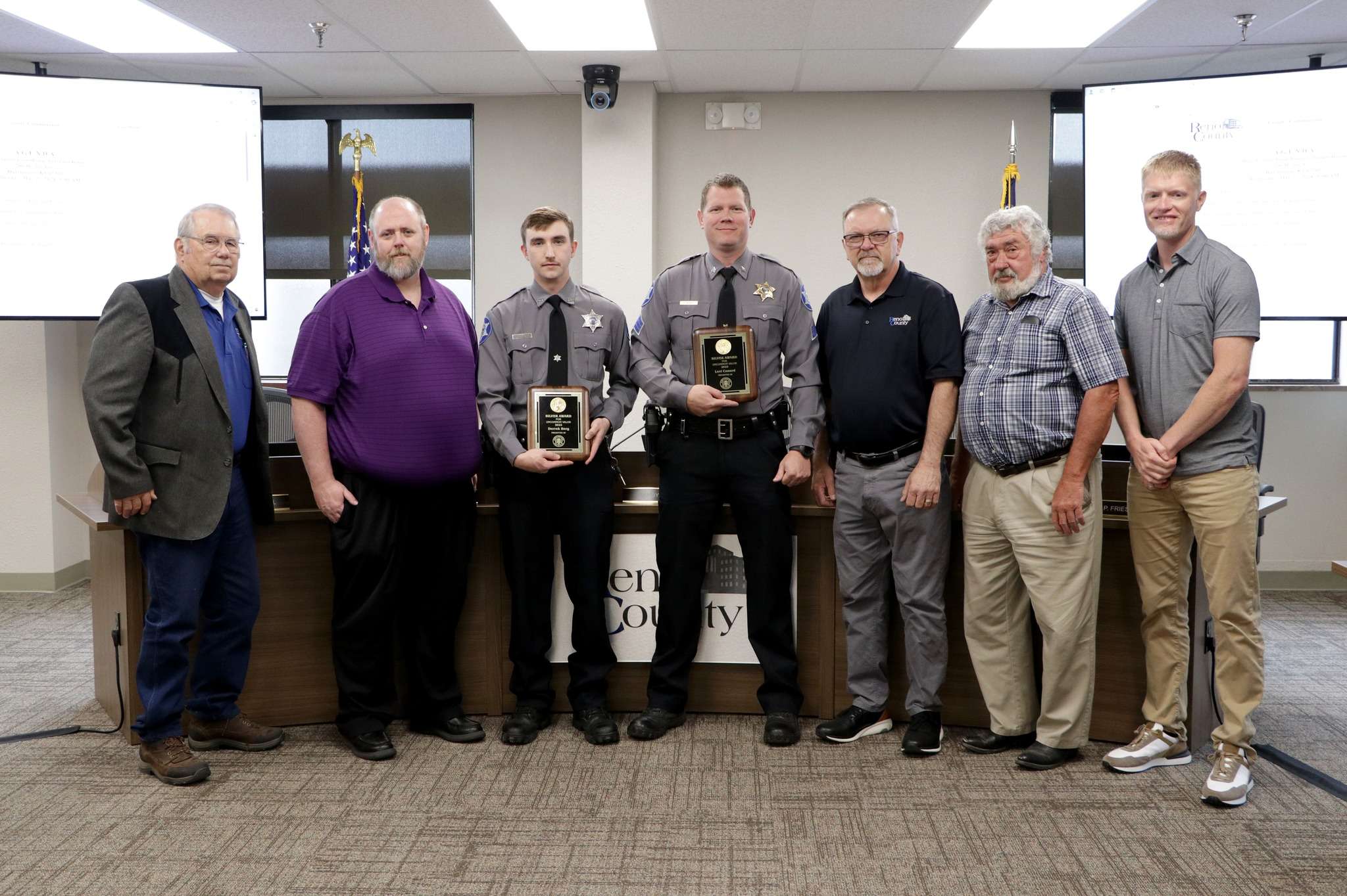 On Wednesday during their meeting, the Reno County Commission recognized Reno County Sheriff's Office Deputy Derrek Berg and Sergeant Levi Conard for receiving the VALOR Silver Award for extraordinary action which directly contributed to the actual saving of a life. Photo by Sandra Milburn.