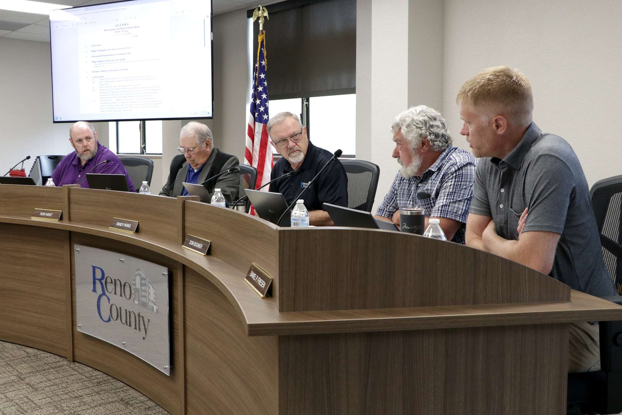 Reno County Commissioners John Whitesel, left, Ron Hirst, Randy Parks, Don Bogner and Daniel Friesen. Photo by Sandra Milburn.